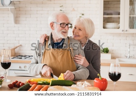 Smiling cheerful happy caucasian senior old elderly couple family grandparents spouses wife and husband cooking together, helping make vegetable vegan vegetarian salad at home kitchen