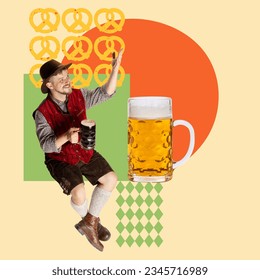 Smiling, cheerful man in vacarian style clothes drinking beer and cheering everyone with beer fest. Contemporary art. Concept of Oktoberfest, holiday, traditional festival, alcohol drink. Poster, ad