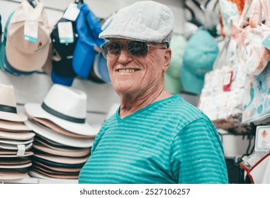 A smiling, cheerful senior man tries on a hat while shopping in a store. Elderly witty man looking at camera smiling - Powered by Shutterstock