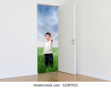 Smiling child with thumbs up standing at the door