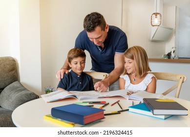 Smiling Children Drawing And Studying At Home With A Private Tutor. Personalized Tutoring For Kids. School Reinforcement Homework