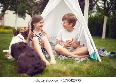  Smiling Children Playing At Backyard With Dog In Teepee And Eats Cookies.