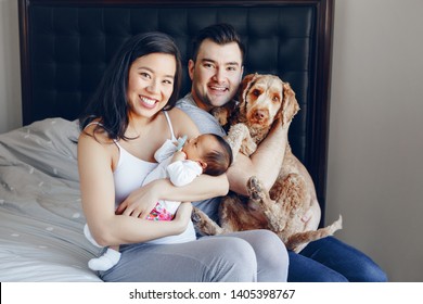 Smiling Chinese Asian mother and Caucasian father with mixed race newborn infant baby son daughter and large pet dog. Happy family in bedroom. Home lifestyle authentic natural moment.  - Powered by Shutterstock