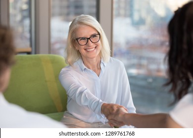 Smiling Confident Old Mature Woman Job Seeker Applicant Handshaking Hr Making Good First Impression At Interview Meeting, Happy Satisfied Middle Aged Businesswoman Shaking Hand Getting Hired Concept