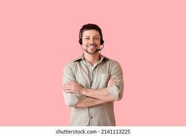 Smiling consultant of call center in headset on pink background - Shutterstock ID 2141113225