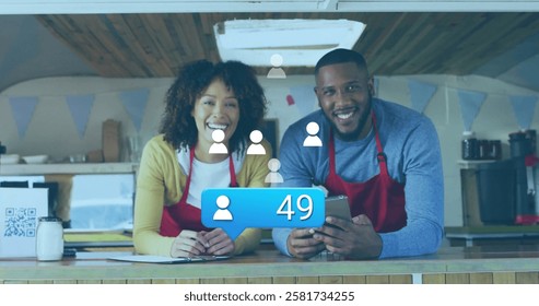Smiling couple in aprons using smartphone, social media followers count image over. Small business, entrepreneurs, connected, technology, internet, online engagement - Powered by Shutterstock - Get 15% off with code: PIKWIZARD15
