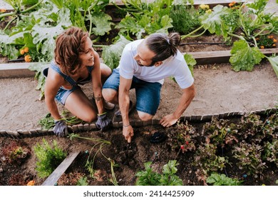 Smiling couple looking at each other while planting in vegetable garden - Powered by Shutterstock