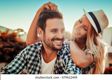 Smiling couple in love outdoors - Shutterstock ID 479612449