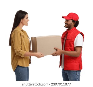 Smiling courier giving parcel to receiver on white background