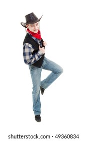 Smiling cowboy dancing on a white background