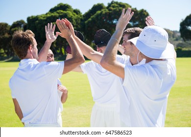 Smiling cricket players celebrating win at field against clear sky - Powered by Shutterstock