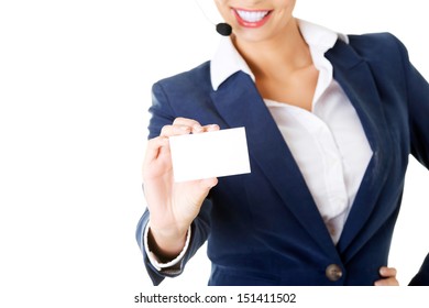 Smiling Customer Service Representative With Headset Holding A Blank Empty Businesscard. Isolated On White Background. 