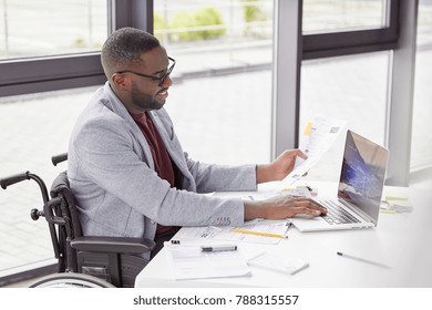 Smiling dark skinned young businessman sits in wheelchair, being disabled or invalid, develops business project, has happy expression, keyboards on laptop computer, makes statistics and graphics