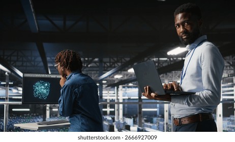 Smiling data center engineering team on industrial platform collaborating on neural network software tasks. Jolly server hub colleagues working together, visualizing large language model architecture