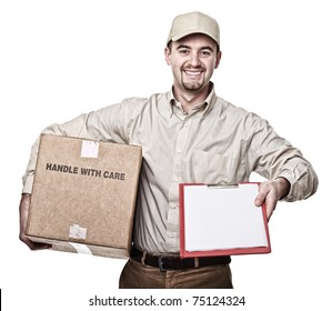 smiling delivery man isolated on white