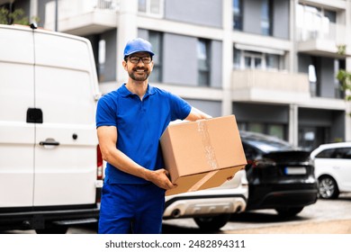 Smiling Delivery Man Moving Boxes by Van, Showing Expertise in Logistics, Shipping and Distribution for Commercial Warehouse Operations. - Powered by Shutterstock