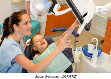 Smiling Dentist And Child Pointing At The Screen Stomatology Office