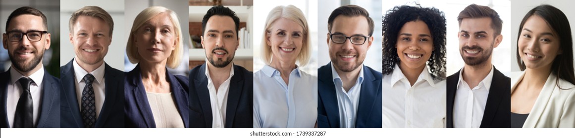 Smiling Diverse Business People Group Headshots Portraits Horizontal Banner Collage. Multiracial Professional Executives Faces Montage, Human Resource Concept, Multiethnic Team People Look At Camera.