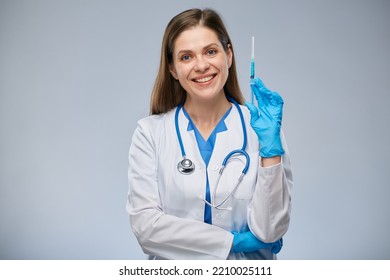 Smiling Doctor Holding Syringe With Vaccine. Isolated Female Medical Worker Portrait.