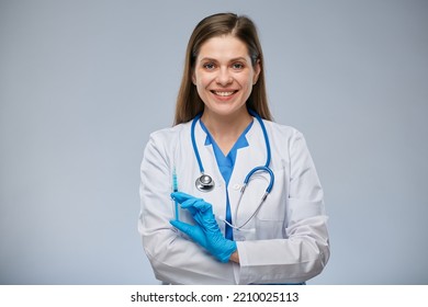 Smiling Doctor Holding Syringe With Vaccine. Isolated Female Medical Worker Portrait.