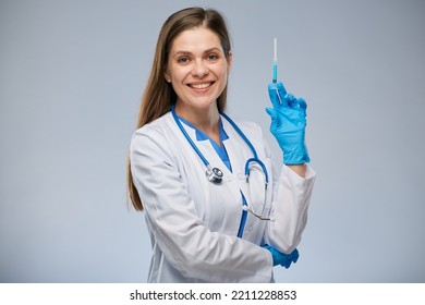 Smiling Doctor Holding Syringe With Vaccine. Isolated Female Medical Worker Portrait.