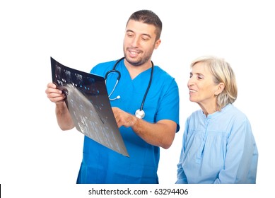 Smiling Doctor And Senior Patient Woman Reviewing Good Results Of Magnetic Resonance Imaging Isolated On White Background