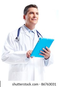 Smiling Doctor With Tablet Computer. Isolated Over White Background. Health Care.