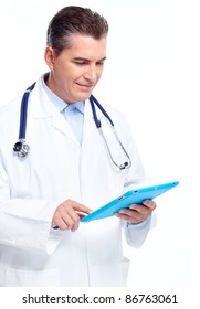 Smiling Doctor With Tablet Computer. Isolated Over White Background. Health Care.