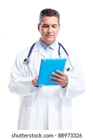 Smiling Doctor With Tablet Computer. Isolated Over White Background. Health Care.