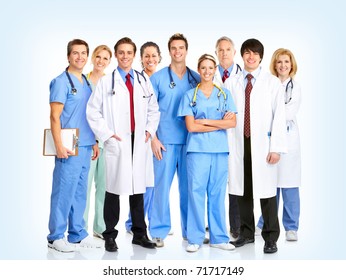 Smiling doctors with stethoscopes. Over blue  background