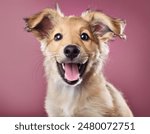Smiling dog with happy expression face Isolated on magenta, hot pink background