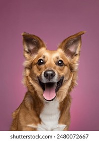 Smiling dog with happy expression face Isolated on magenta, hot pink background