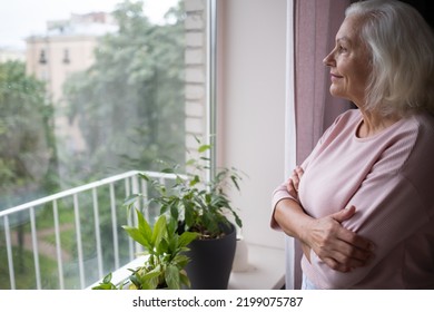 Smiling Elderly Caucasian Woman Looks Out The Window.