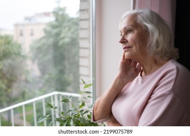 Smiling Elderly Caucasian Woman Looks Out The Window.