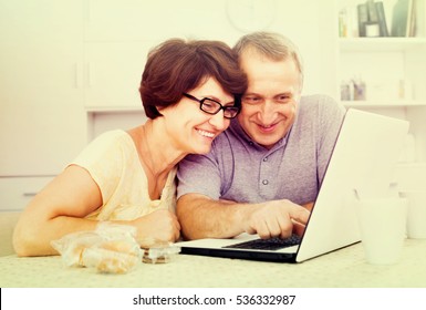 Smiling Elderly Couple Looking On Laptop Screen  Indoors At Home Together
