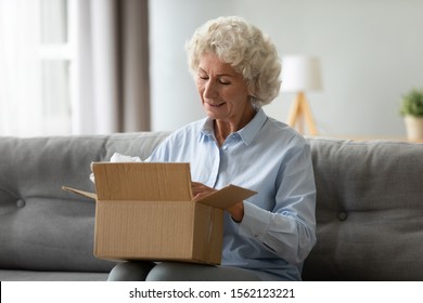 Smiling elderly woman customer receive post shipment parcel at home, happy old senior grandma hold open cardboard box sit on sofa in living room, online shopping order fast courier delivery concept