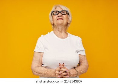 Smiling Elderly Woman Vision Problems With Glasses Close-up Emotions