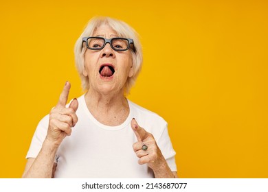 Smiling Elderly Woman Vision Problems With Glasses Close-up Emotions