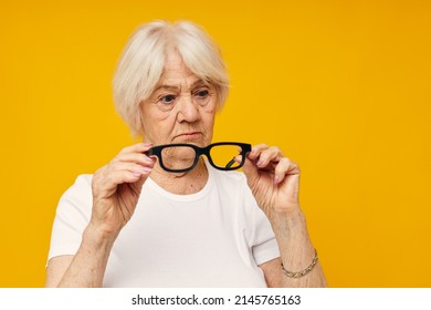 Smiling Elderly Woman Vision Problems With Glasses Close-up Emotions