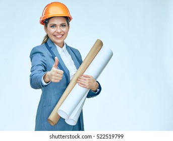 Smiling Engineer Architect Woman Showing Thumb Up. Isolated Portrait. Business Suit.