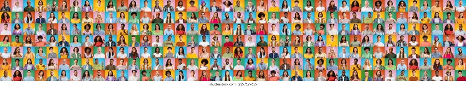 Smiling, excited, calm different people make gestures, signs with hands, isolated on colorful background, collage, studio. Human resource, society database, education and work. Video call and emotions - Shutterstock ID 2157197655