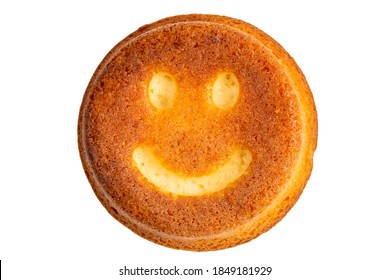 Smiling Face Biscuit Cookie Isolated On White In Flat Lay Perspective