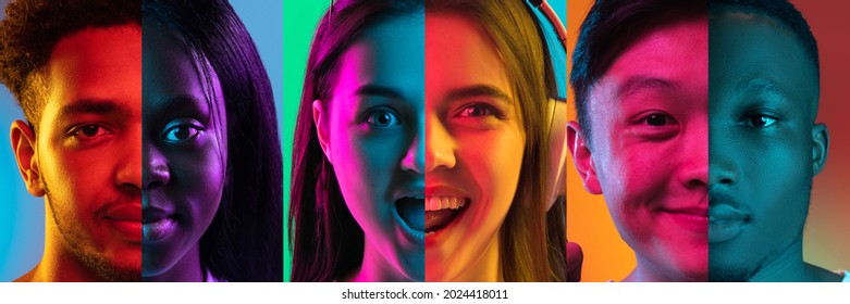 Smiling faces. Combinations of cropped male and female faces isolated over multicolored neon backgrounds. Concept of human emotions, facial expressions