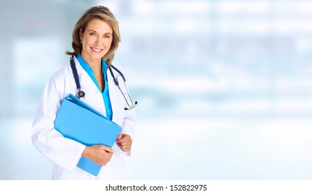 Smiling Family Doctor Woman With Stethoscope. Health Care.