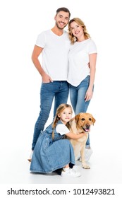 Smiling Family With Golden Retriever Dog, Isolated On White