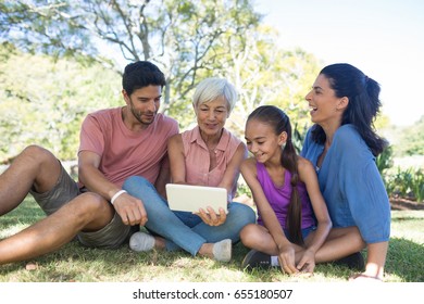 Smiling Family Looking At Digital Tablet In The Park