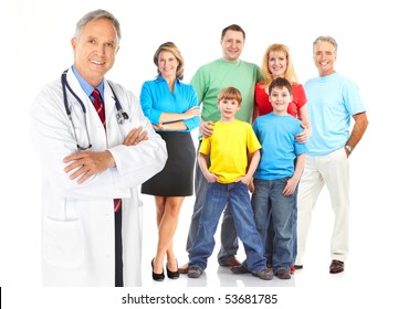 Smiling family medical doctor and family. Over white background