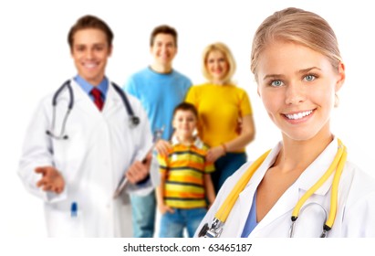 Smiling family medical doctor and young family. Over white background