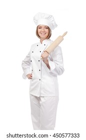 Smiling Female Chef, Cook Or Baker Holding Rolling Pin Isolated On White Background