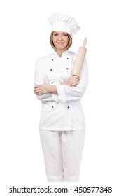 Smiling Female Chef, Cook Or Baker Holding Rolling Pin Isolated On White Background